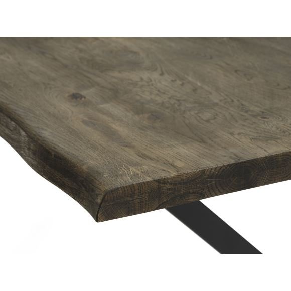 Atlantic Esstisch mit gewellter Kante 40 mm, mit Verlängerung – geräucherte Eiche und schwarzes Metall (95x200)