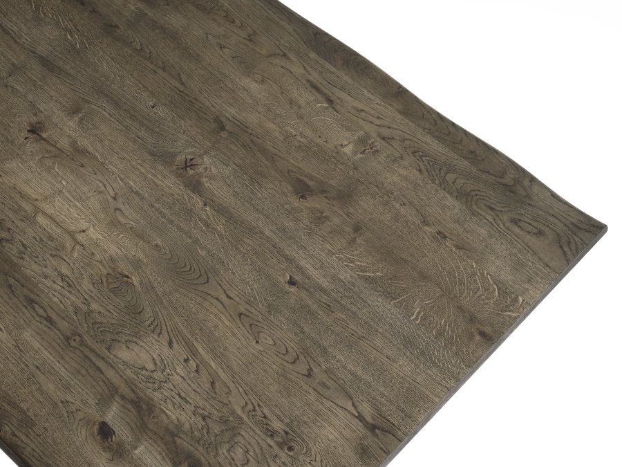 Atlantic Esstisch mit gewellter Kante 40 mm, mit Verlängerung – geräucherte Eiche und schwarzes Metall (95x200)