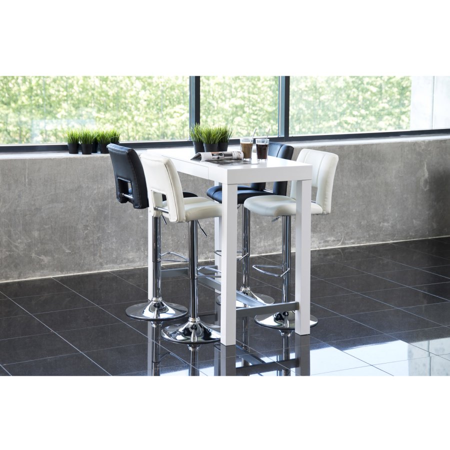 ACT NORDIC Sylvia Barhocker, mit Rückenlehne, Fußstütze, Gaskartusche TÜV und Trompetenfuß - weißes PU und verchromtes Metall 