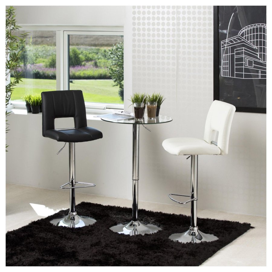 ACT NORDIC Sylvia Barhocker, mit Rückenlehne, Fußstütze, Gaskartusche TÜV und Trompetenfuß - weißes PU und verchromtes Metall 