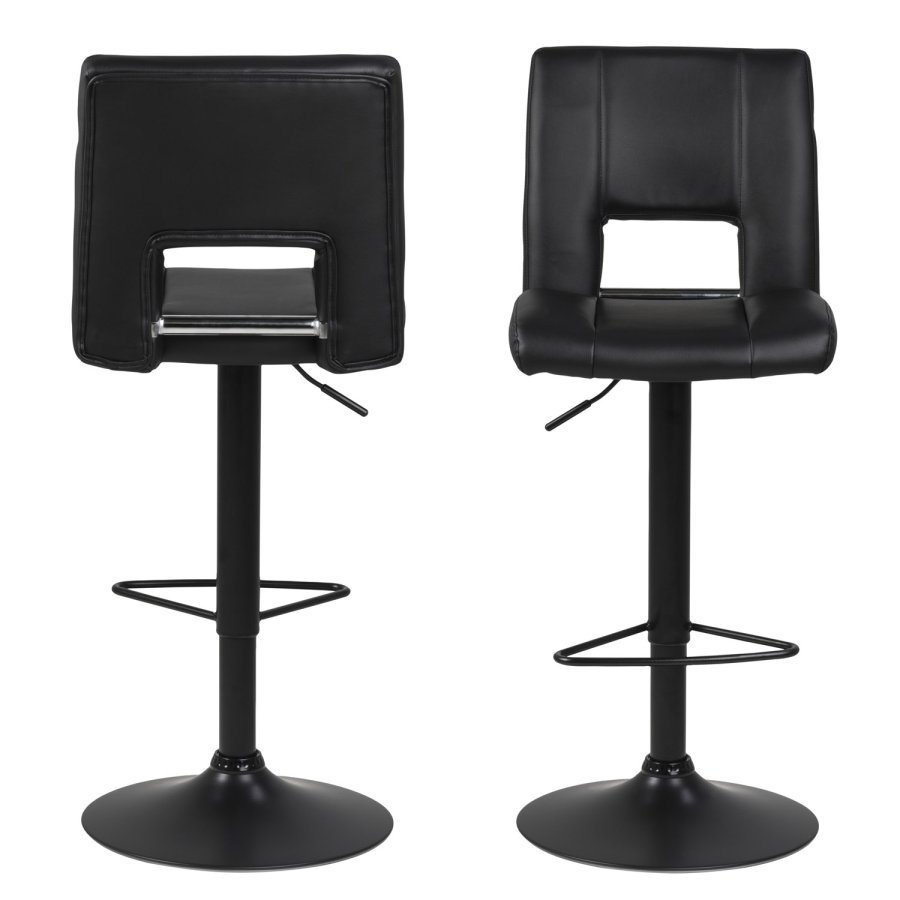 ACT NORDIC Sylvia Barhocker, mit Rückenlehne, Fußstütze, Gaskartusche TÜV und Trompetenfuß - schwarzes PU und schwarzes Metall