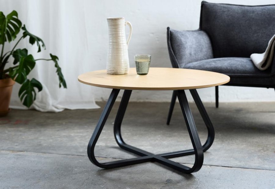 Cesura Couchtisch, rund – Melamin aus natürlicher Eiche und schwarzes Metall (80)