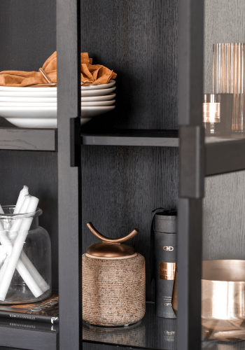 ROWICO Rektangulärt Everett Vitrinskp med 2 Glasdörrar och 3 Hyllplan - Svart Ek och Metall