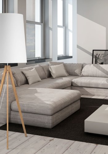 TK Walz gulvlampe - hvitt stoff og naturlig tre