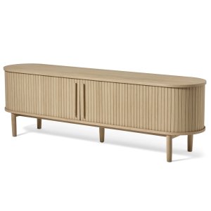 Meta TV-bord, m. 2 skydelger og 3 hylder, oval - hvidpigmenteret eg (180x40)