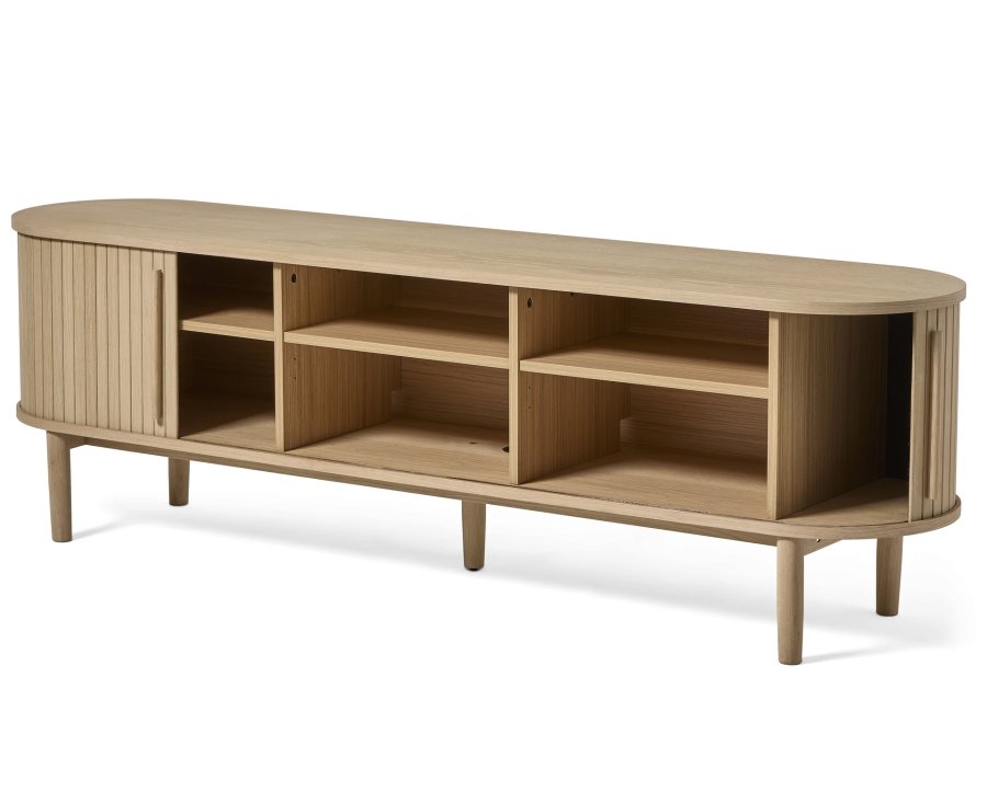 Meta TV-bord, m. 2 skydelger og 3 hylder, oval - hvidpigmenteret eg (180x40)