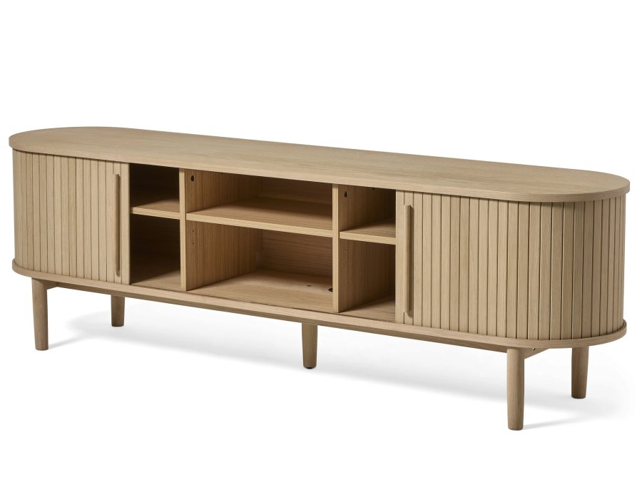 Meta TV-bord, m. 2 skydelger og 3 hylder, oval - hvidpigmenteret eg (180x40)