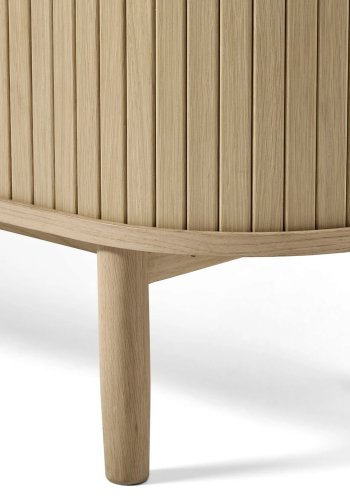 Meta TV-bord, m. 2 skydelger og 3 hylder, oval - hvidpigmenteret eg (180x40)