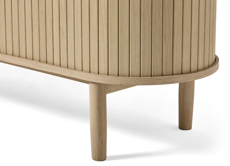 Meta TV-bord, m. 2 skydelger og 3 hylder, oval - hvidpigmenteret eg (180x40)