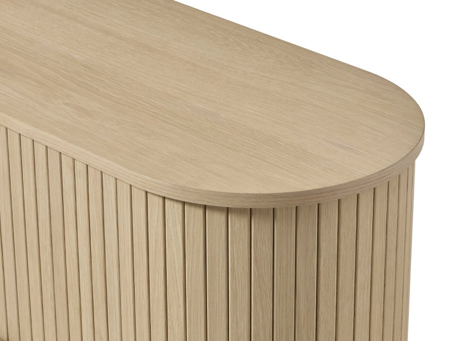 Meta TV-bord, m. 2 skydelger og 3 hylder, oval - hvidpigmenteret eg (180x40)