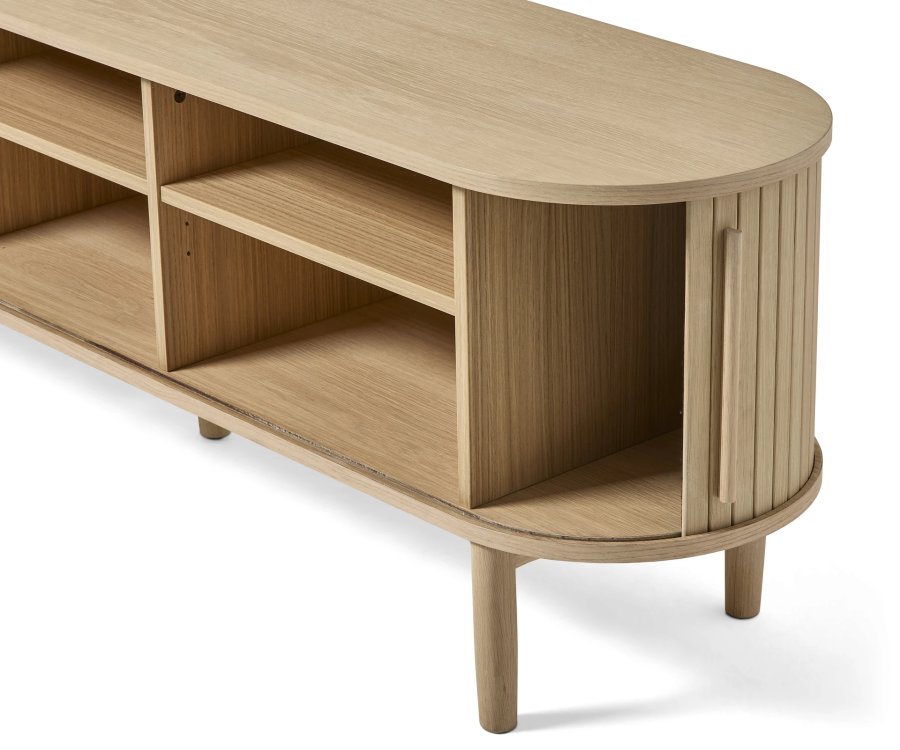 Meta TV-bord, m. 2 skydelger og 3 hylder, oval - hvidpigmenteret eg (180x40)