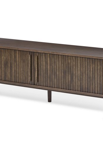 Meta TV-bord, m. 2 skydelger og 3 hylder, oval - mrk espresso brun eg (180x40)