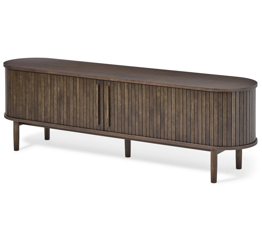 Meta TV-bord, m. 2 skydelger og 3 hylder, oval - mrk espresso brun eg (180x40)