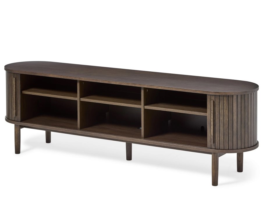 Meta TV-bord, m. 2 skydelger og 3 hylder, oval - mrk espresso brun eg (180x40)