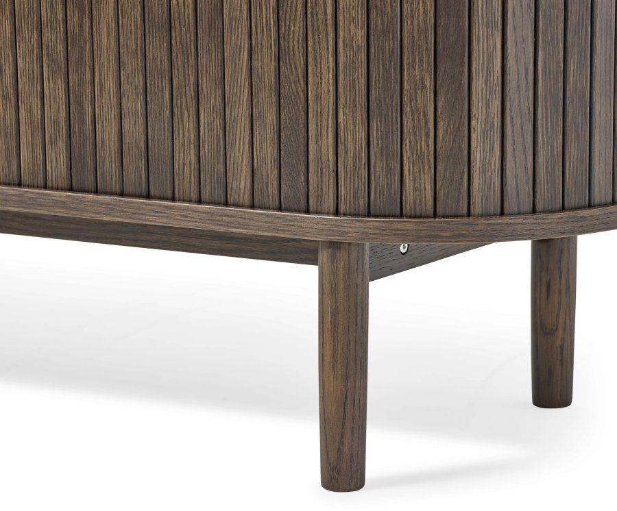 Meta TV-bord, m. 2 skydelger og 3 hylder, oval - mrk espresso brun eg (180x40)