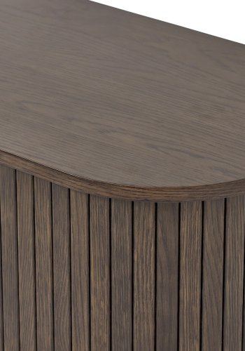 Meta TV-bord, m. 2 skydelger og 3 hylder, oval - mrk espresso brun eg (180x40)