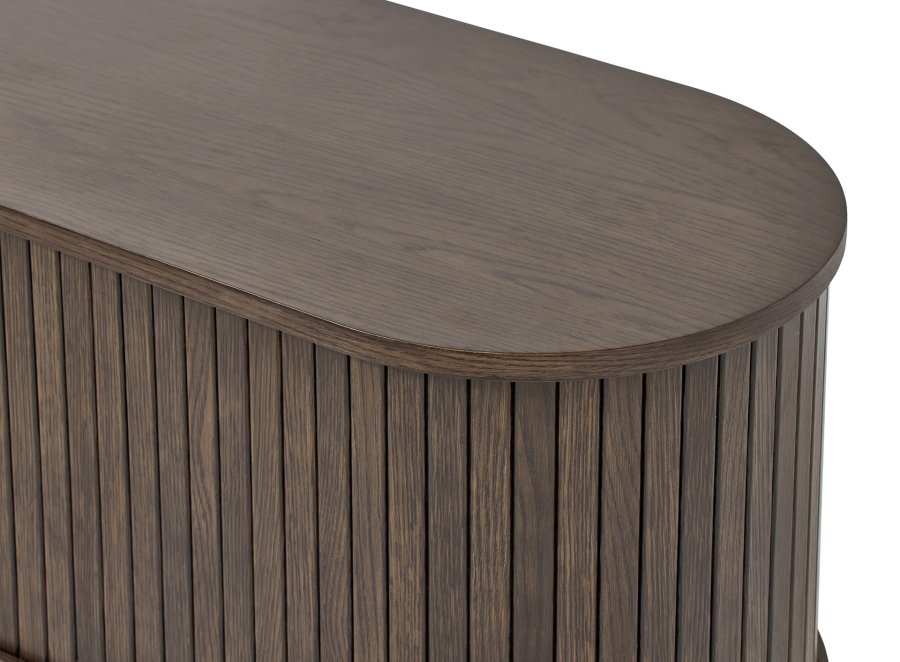 Meta TV-bord, m. 2 skydelger og 3 hylder, oval - mrk espresso brun eg (180x40)