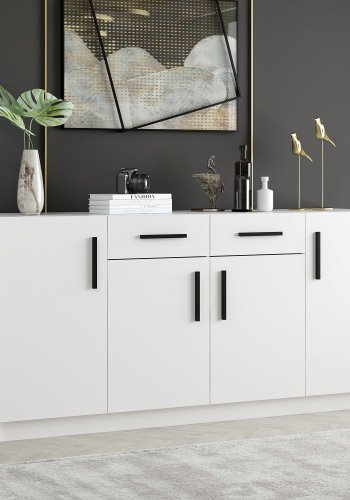 FUNZI LIVING skjenk, m. 4 drer, 2 skuffer og 6 hyller - hvit melamin