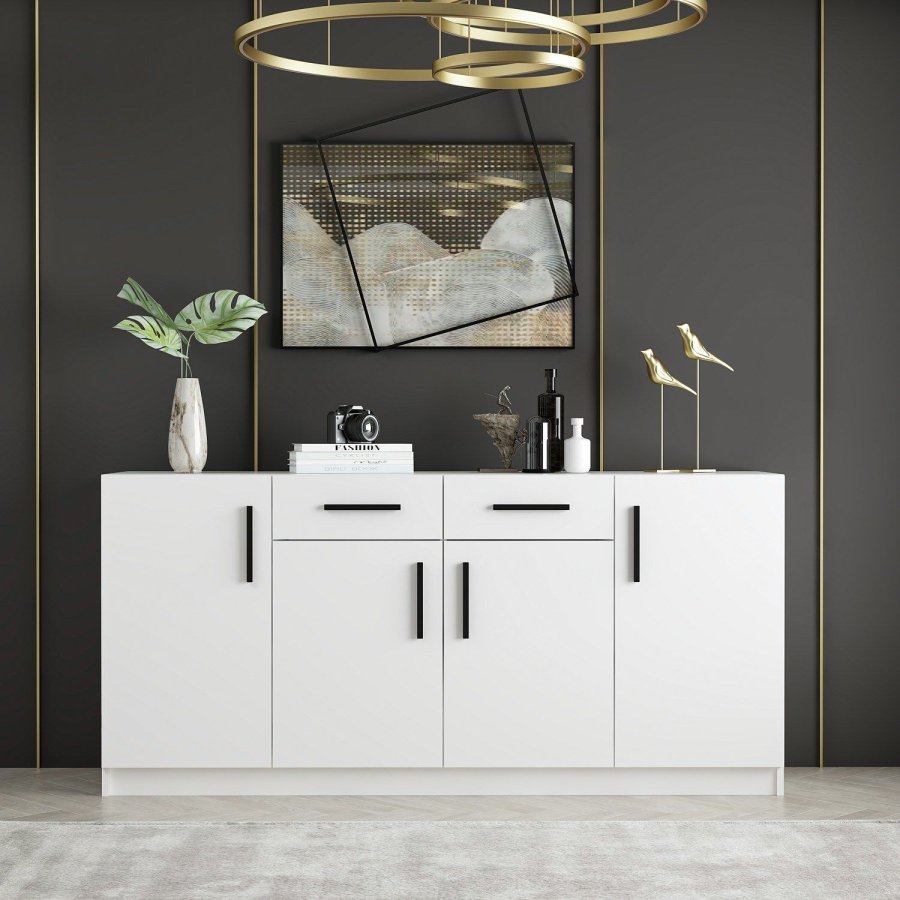 FUNZI LIVING skjenk, m. 4 drer, 2 skuffer og 6 hyller - hvit melamin