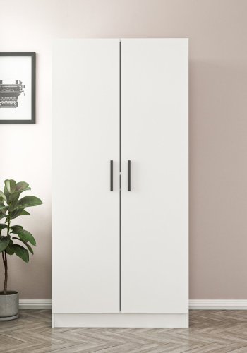 FUNZI LIVING Kales 190 garderobe, m. 2 drer, 1 hylle, 2 hengerstenger - hvit melamin