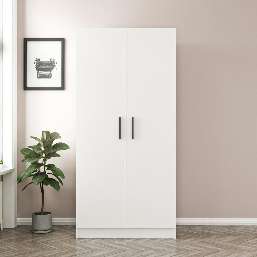 FUNZI LIVING Kales 190 garderobe, m. 2 drer, 1 hylle, 2 hengerstenger - hvit melamin