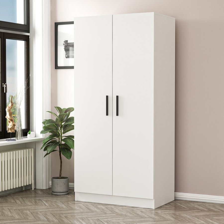 FUNZI LIVING Kales 190 garderobe, m. 2 drer, 1 hylle, 2 hengerstenger - hvit melamin