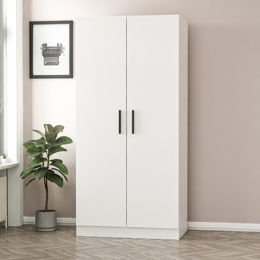 FUNZI LIVING Kales 190 garderobe, m. 2 drer, 1 hylle, 2 hengerstenger - hvit melamin