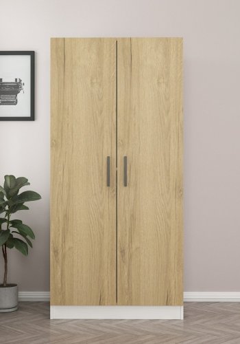 FUNZI LIVING 190 garderobeskap, m. 2 drer, 1 hylle, 2 hengerstenger - valntt og hvit melamin