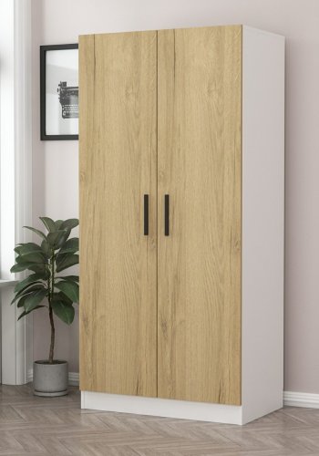 FUNZI LIVING 210 garderobeskap, m. 2 drer, 1 hylle, 2 hengerstenger - valntt og hvit melamin