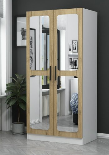 FUNZI LIVING 190 garderobeskap, m. 2 speildrer, 1 hylle, 2 hengerstenger - valntt og hvit