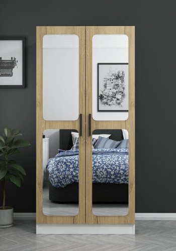 FUNZI LIVING 190 garderobeskap, m. 2 speildrer, 1 hylle, 2 hengerstenger - valntt og hvit