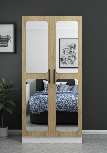 FUNZI LIVING 210 garderobeskap, m. 2 speildrer, 1 hylle, 2 hengerstenger - valntt og hvit