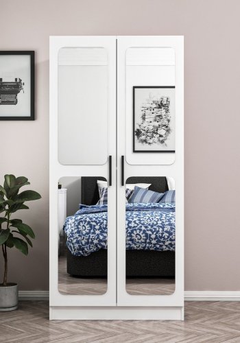 FUNZI LIVING Kales 210 garderobeskap, m. 2 speildrer, 1 hylle, 2 hengerstenger - hvit melamin