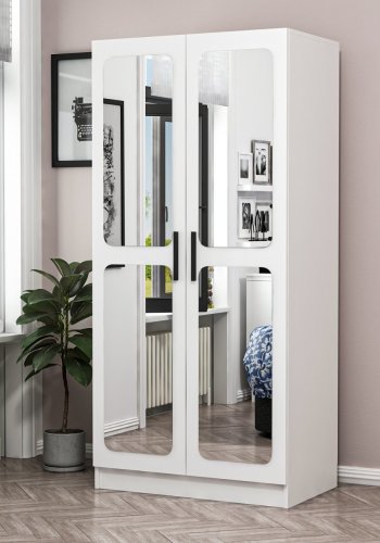 FUNZI LIVING Kales 210 garderobeskap, m. 2 speildrer, 1 hylle, 2 hengerstenger - hvit melamin