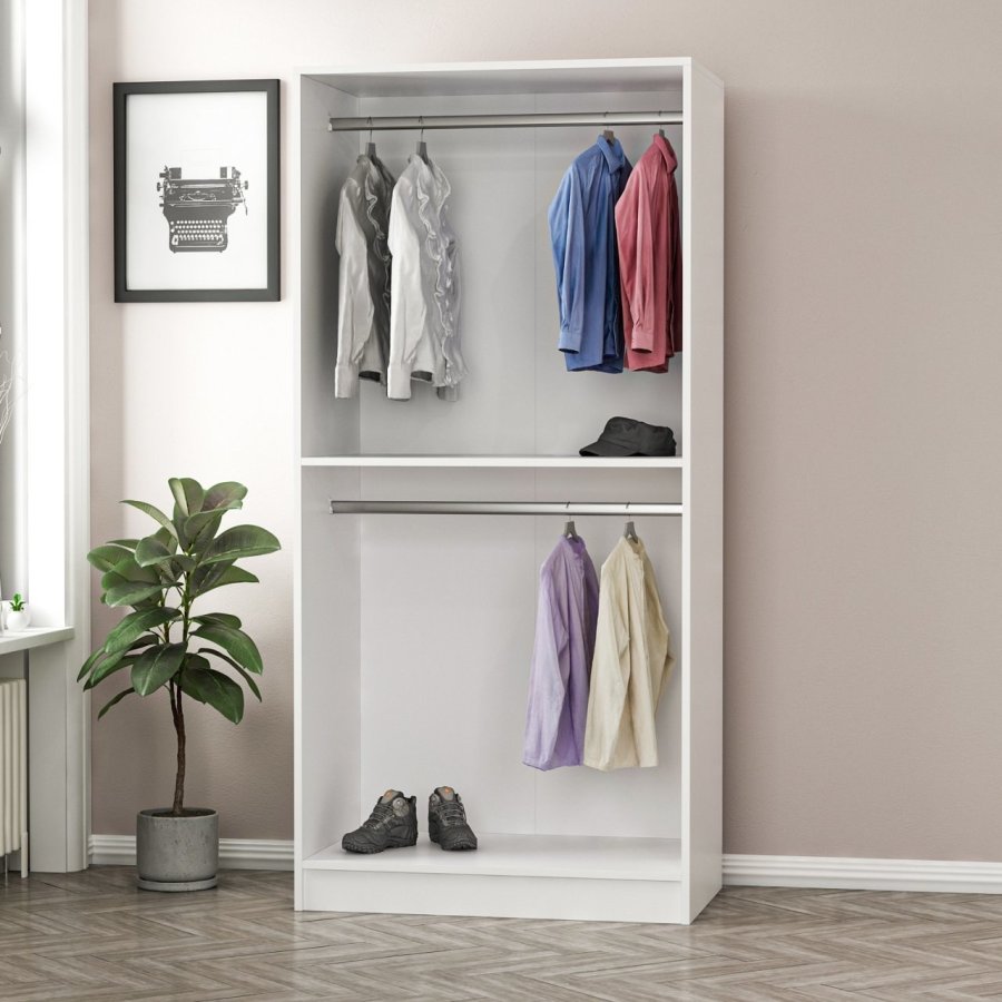 FUNZI LIVING Kales 190 garderobe, m. 2 speildrer, 1 hylle, 2 hengerstenger - antikk hvit melamin