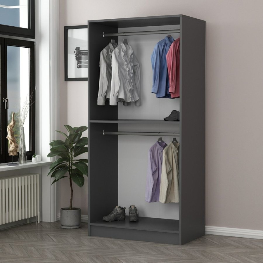 FUNZI LIVING Kales 190 garderobe, m. 2 speildrer, 1 hylle, 2 hengerstenger - antrasittgr melamin