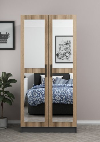 FUNZI LIVING 190 garderobeskap, m. 2 speildrer, 1 hylle, 2 henger - antrasittgr og eikefarget