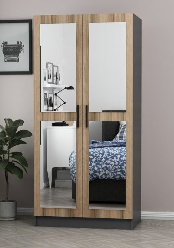 FUNZI LIVING 190 garderobeskap, m. 2 speildrer, 1 hylle, 2 henger - antrasittgr og eikefarget