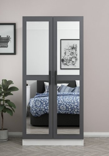 FUNZI LIVING Kales 210 garderobeskap, m. 2 speildrer, 1 hylle, 2 henger - antrasittgr og hvit