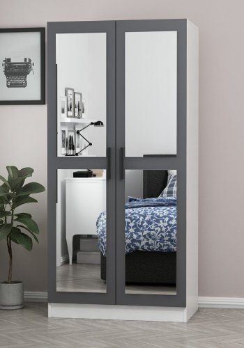 FUNZI LIVING Kales 210 garderobeskap, m. 2 speildrer, 1 hylle, 2 henger - antrasittgr og hvit