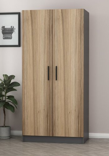 FUNZI LIVING 190 garderobeskap, m. 2 drer, 1 hylle, 2 hengerstenger - antrasittgr/naturlig melamin