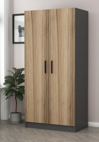 FUNZI LIVING 210 garderobeskap, m. 2 drer, 1 hylle, 2 hengerstenger - antrasittgr/naturlig melamin