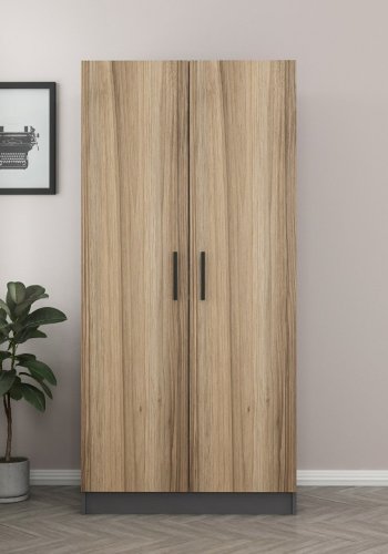 FUNZI LIVING 210 garderobeskap, m. 2 drer, 1 hylle, 2 hengerstenger - antrasittgr/naturlig melamin