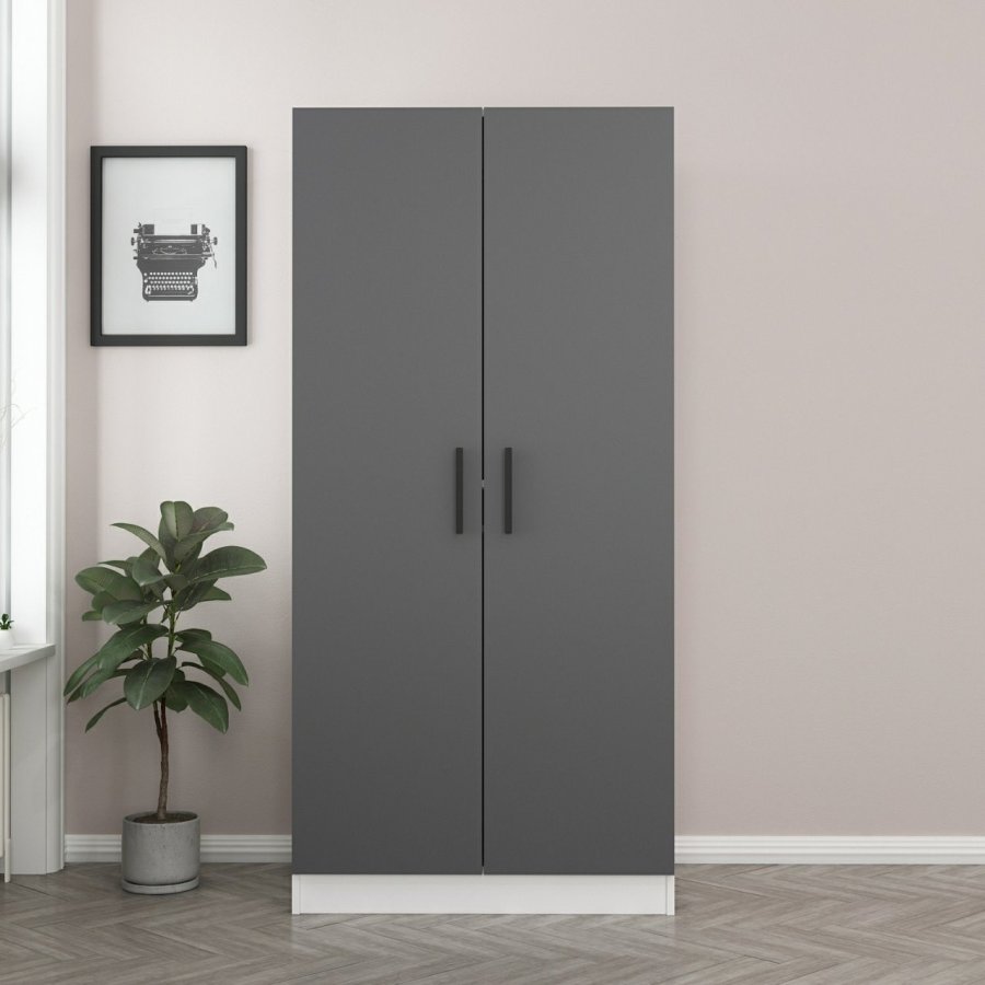 FUNZI LIVING 190 garderobeskap, m. 2 drer, 1 hylle, 2 henger - antrasittgr og hvit melamin