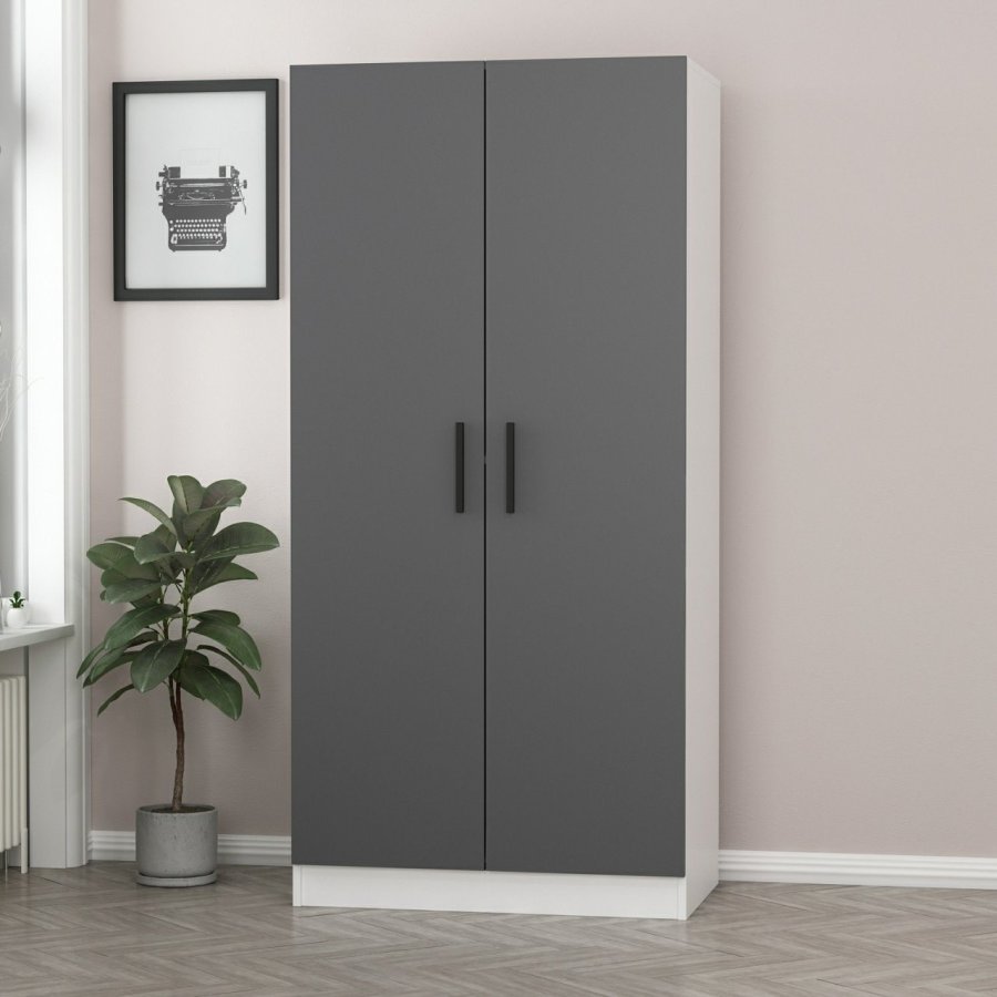 FUNZI LIVING 190 garderobeskap, m. 2 drer, 1 hylle, 2 henger - antrasittgr og hvit melamin