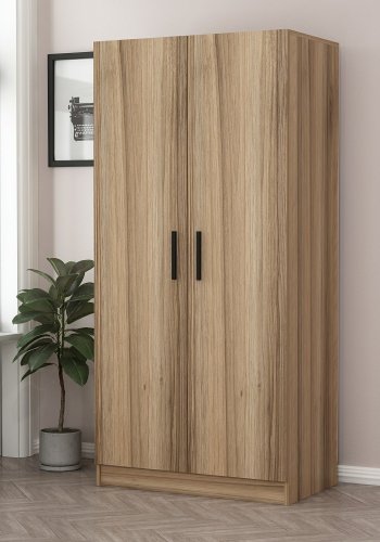 FUNZI LIVING 190 garderobeskap, m. 2 drer, 1 hylle, 2 hengerstenger - eikefarget melamin