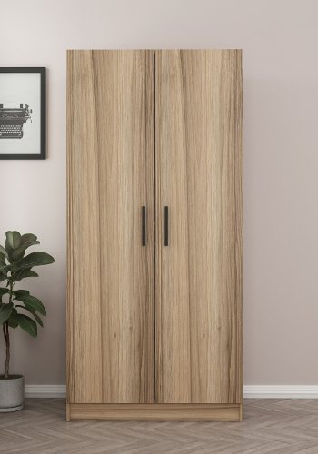 FUNZI LIVING 190 garderobeskap, m. 2 drer, 1 hylle, 2 hengerstenger - eikefarget melamin