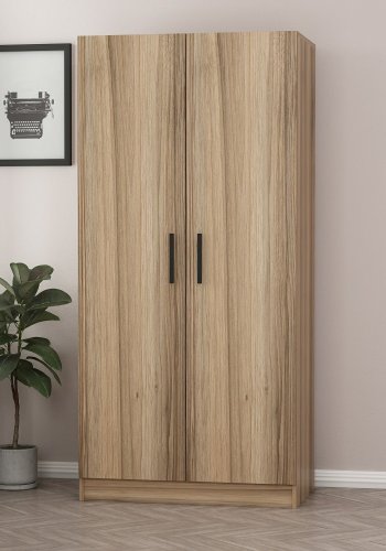 FUNZI LIVING 190 garderobeskap, m. 2 drer, 1 hylle, 2 hengerstenger - eikefarget melamin