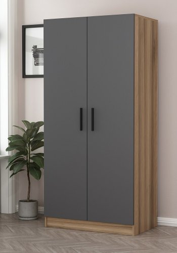 FUNZI LIVING 190 garderobeskap, m. 2 drer, 1 hylle, 2 henger - antrasittgr/eikfarget melamin