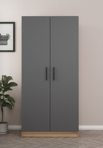 FUNZI LIVING 190 garderobeskap, m. 2 drer, 1 hylle, 2 henger - antrasittgr/eikfarget melamin